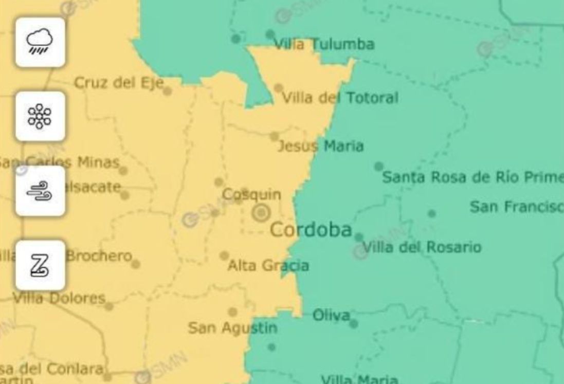 ALERTA AMARILLA POR TORMENTAS FUERTES PARA CÓRDOBA